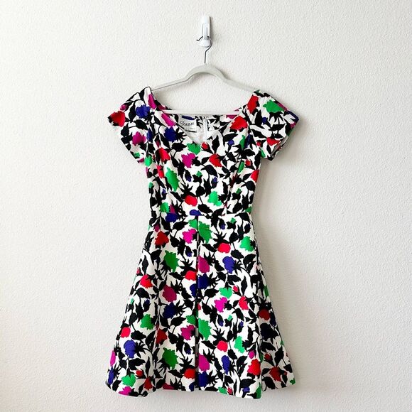 Vintage 90’s Arnold Scaasi Silk Floral Dress in White Black Size 6 - Picture 1 of 6